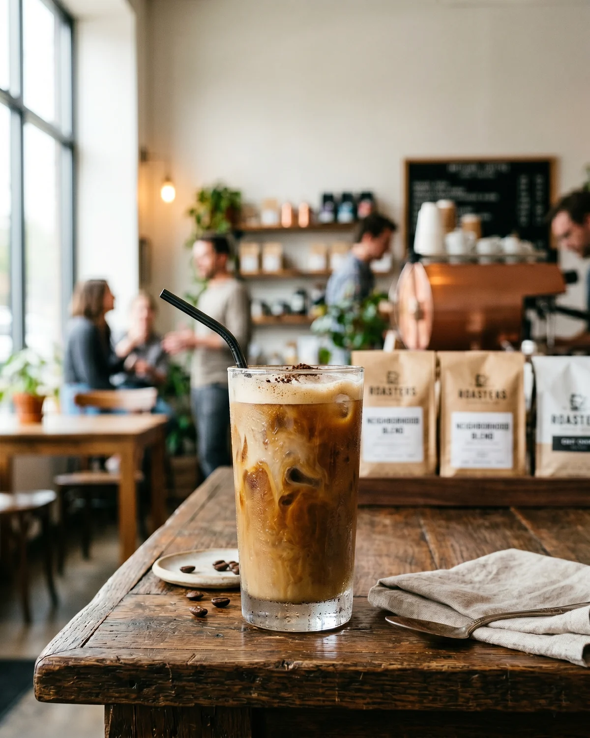 Foto editorial de café gelado em cafeteria realista, com luz natural, bancada de madeira e contexto de loja.