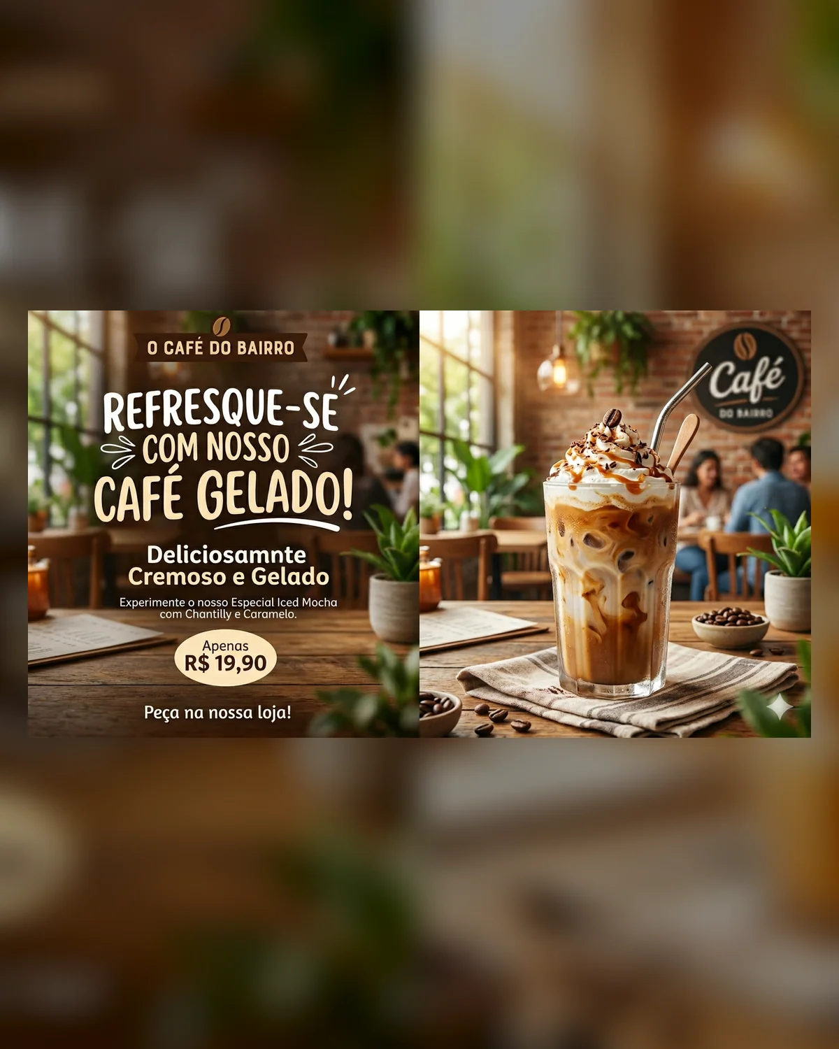 Arte de café gelado com visual promocional genérico, excesso de texto e aparência artificial.