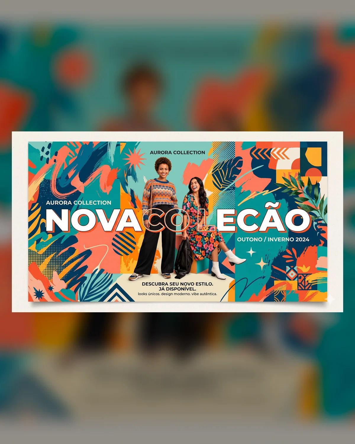 Arte genérica de loja de roupas com visual promocional amplo e pouca personalidade de comércio local.